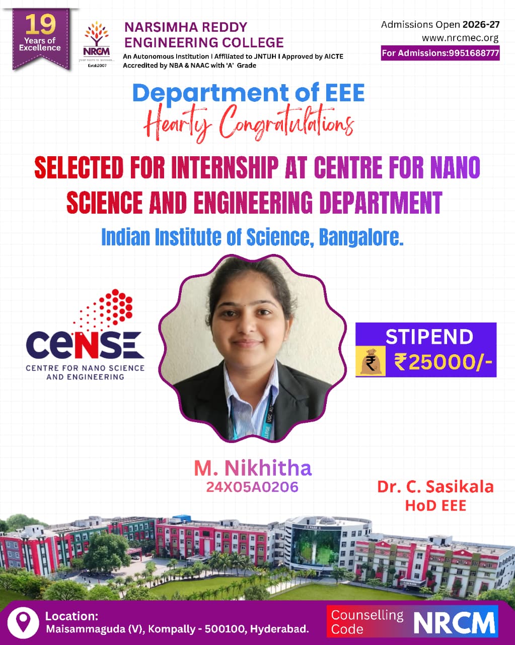 SELECTED FOR IISC INTERNSHIP
