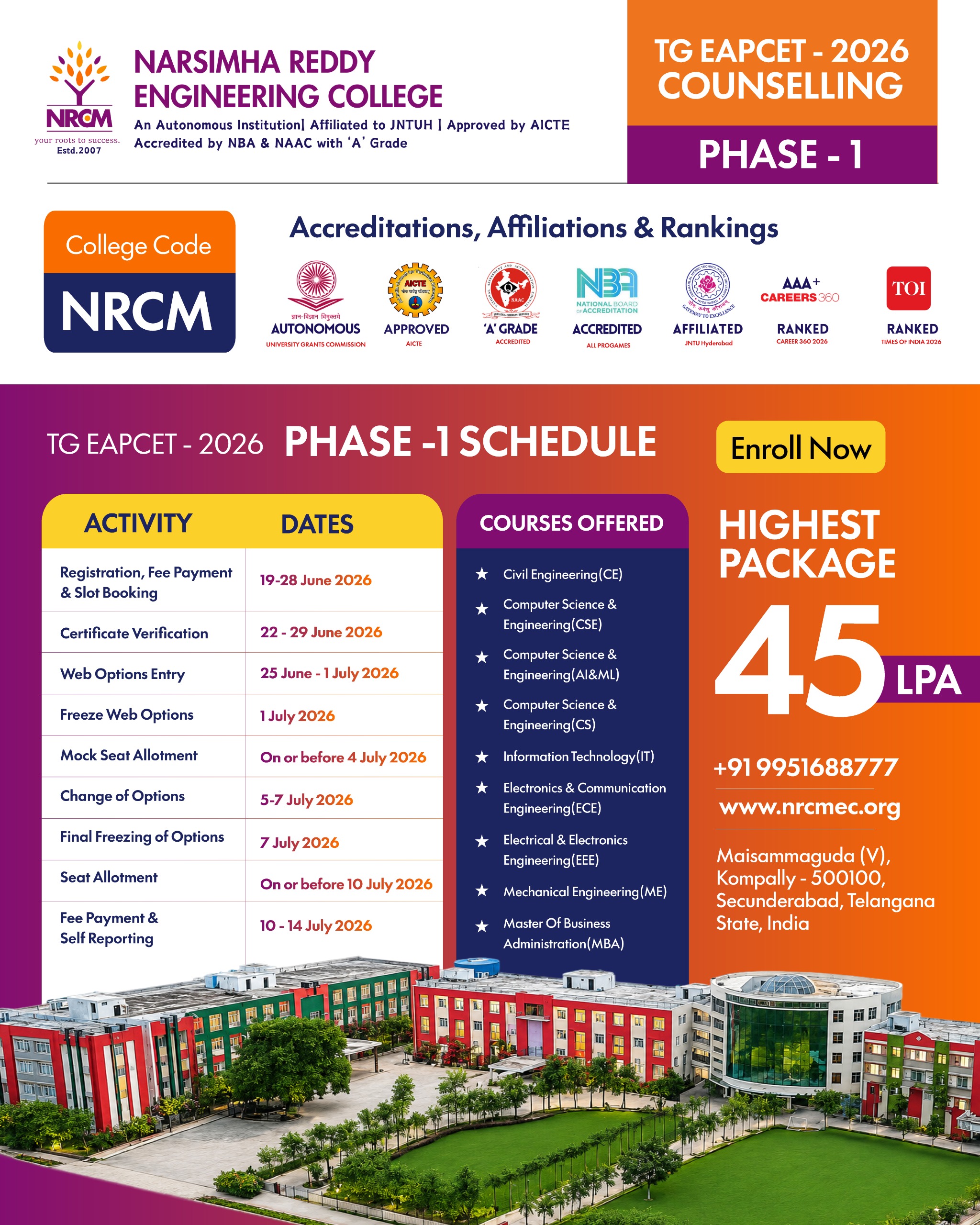 TSEAPCET Phase -1 Schedule
